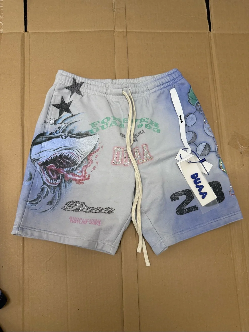 Light Blue Graphic Swim Trunks with Shark Print